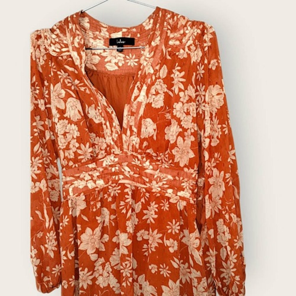 Lulus Small Burnt Orange Floral Mini Dress Long Sleeve Deep V Boho Flowery Beads - Picture 12 of 16